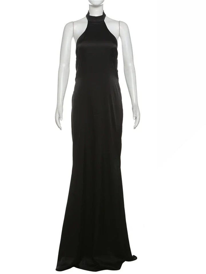 Maxi Satin Dress with Collar and Open Back - Aliya