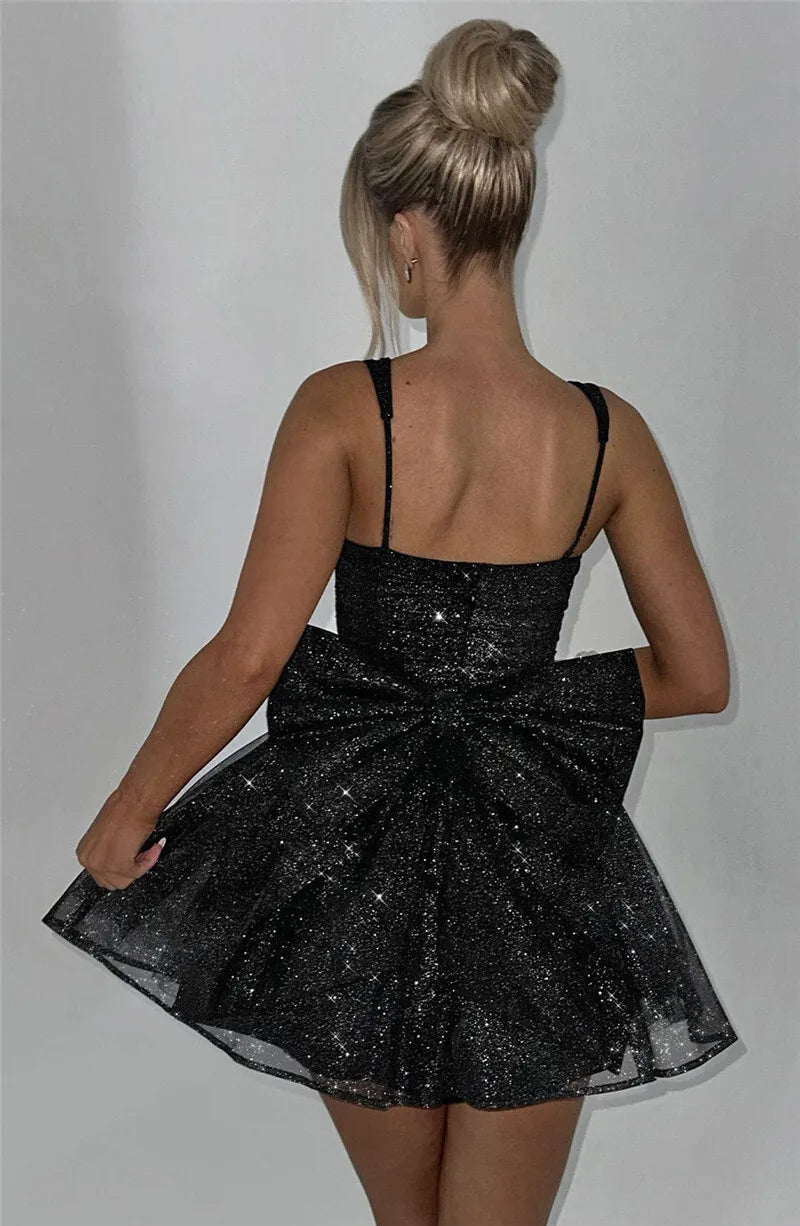 A-Line Ruffled Mini Sequin Dress with Bow Detail - Isabel