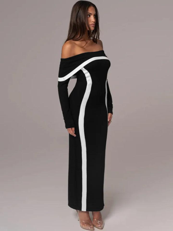 Off-shoulder maxi dress with contour line decoration - Katie