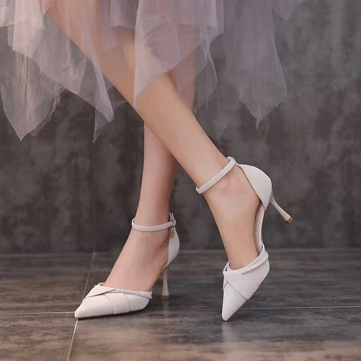 Faux Leather Pointed Heels with Rhinestone Decoration - Mila