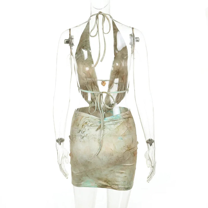 Mini tie-neck dress with open back and special print design - Wanda