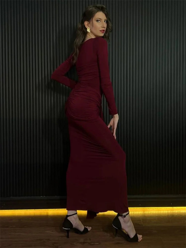 Modest Maxi Dress with Ruching and Tie Detail - Nahev