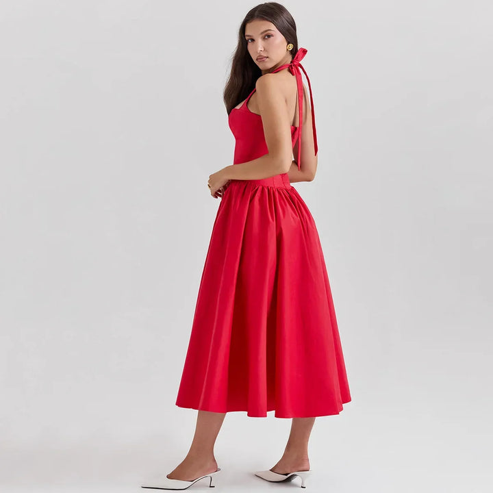 Midi A-Line Dress with Corset Design, Neck Tie - Tanya