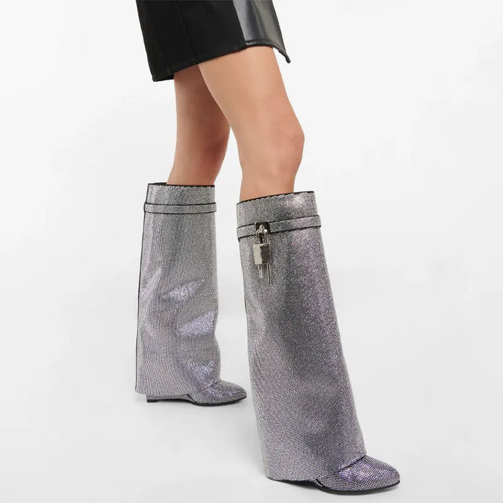High Heel Boots with Glitter Studs and Lock Detail - Bailey