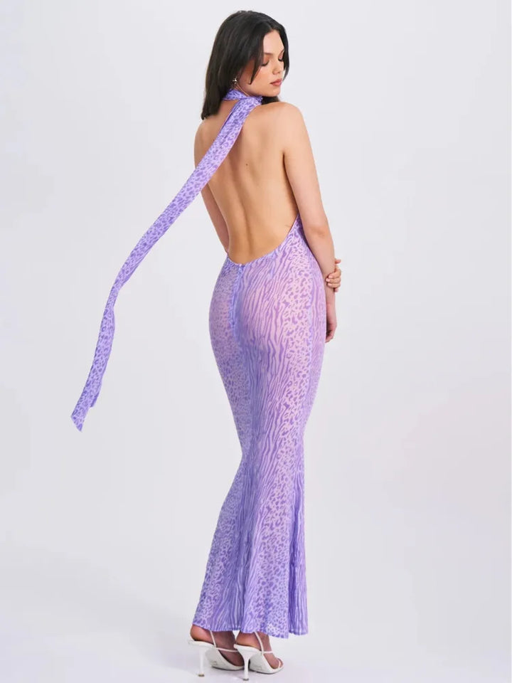 Leopard Print Mesh Maxi Dress with Open Back and Neck Tie - Jessica