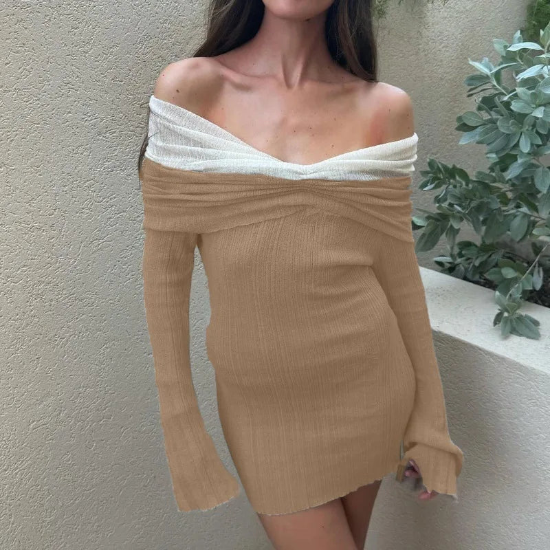 Knitted mini dress with off-shoulder ruching and bell sleeves - Belle