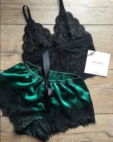 Babydoll Set with Satin Shorts and Lace Top - Noelle