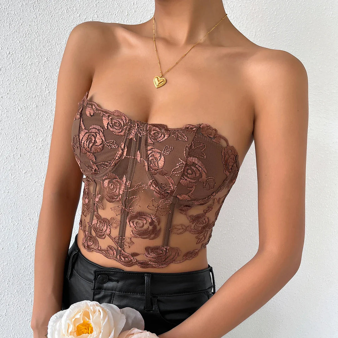 Strapless Mesh Top with Floral Embroidery - Noya Lee