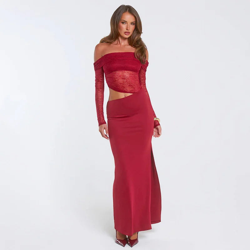 Maxi off-shoulder dress with lace and neckline design - LOLA