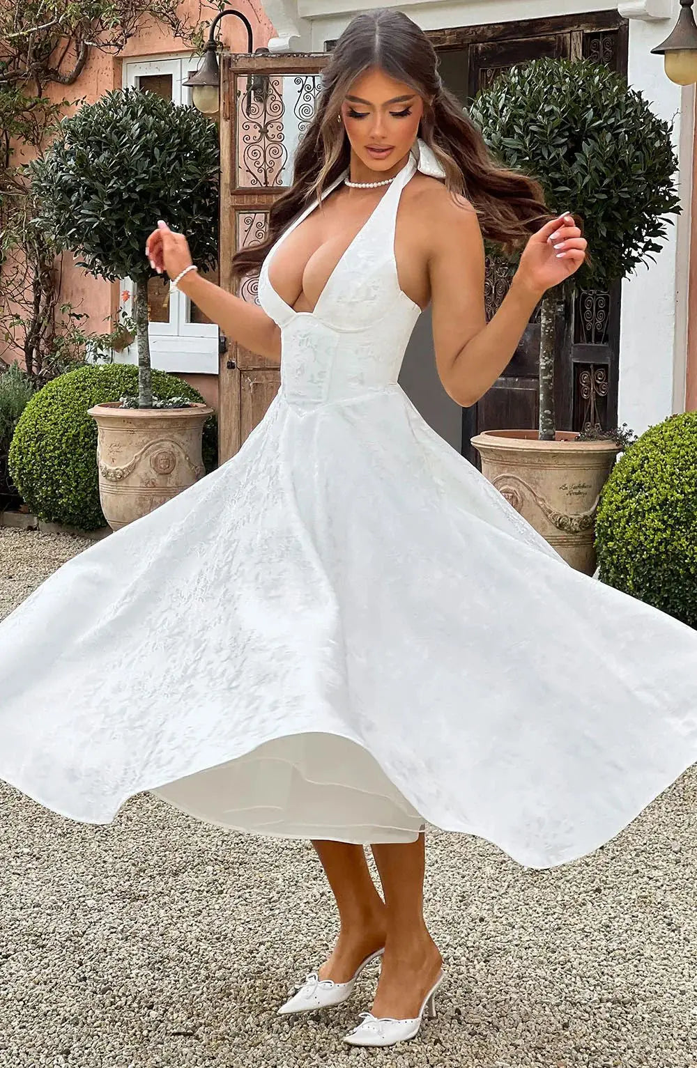 Midi A-Line Dress with Neck Tie, Open Back, Floral Embroidery Detail - Flora