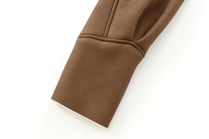 Leather coat with inner fur and belt tie design - Moran