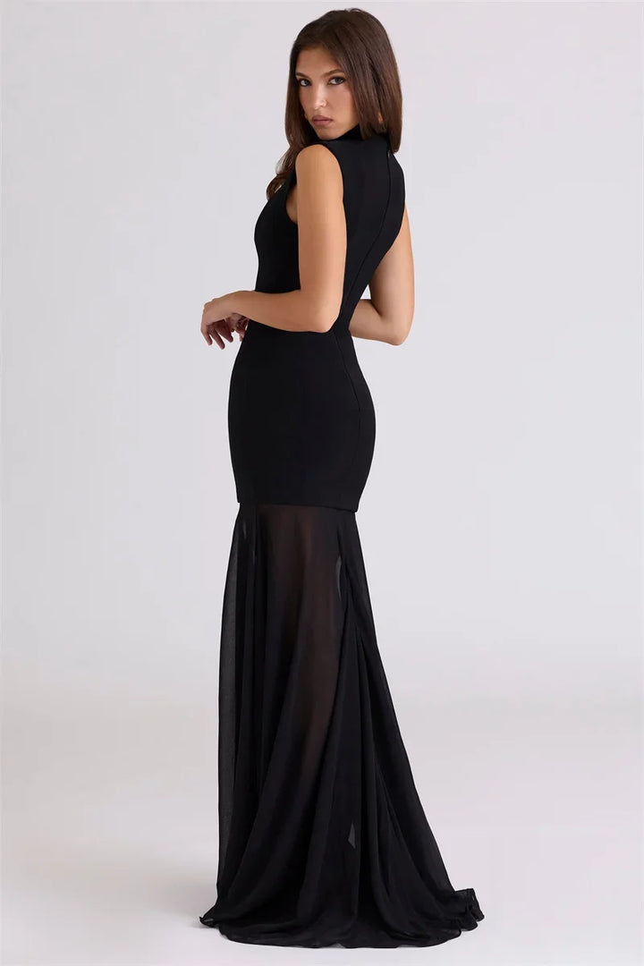Maxi Dress with Collar and Chiffon Design - DARIA