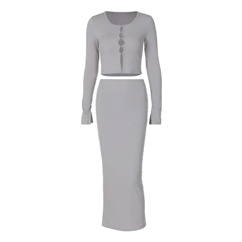 Knitted two-piece set: button-up shirt and fitted maxi skirt - MARIEL