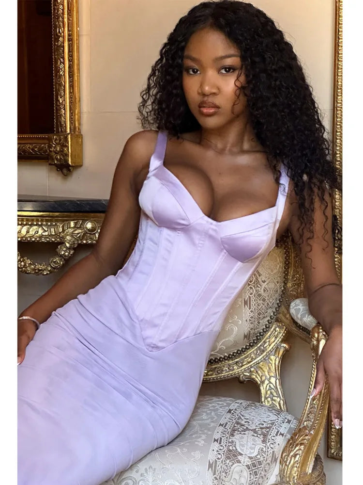 Mesh Maxi Dress with Satin Corset Design - Mariam
