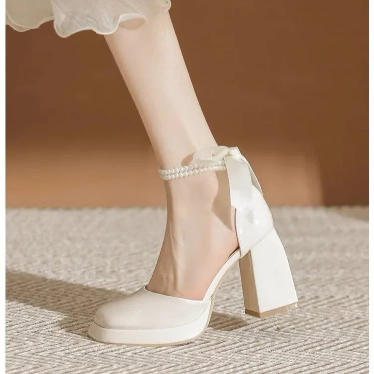 Shiny Faux Leather High Heels with Pearl and Bow Decoration - Vivian