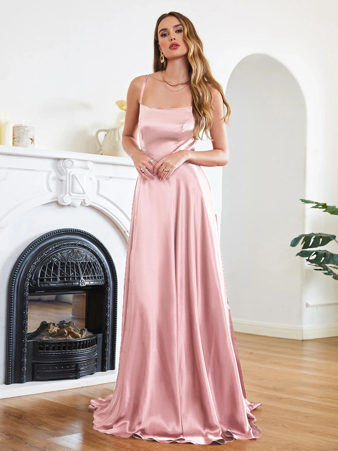 Elegant Maxi Satin Dress with Slit, A-Line Design, Back Tie - Prince