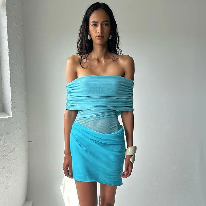 Mini dress with mesh design and off-shoulder - ALEX