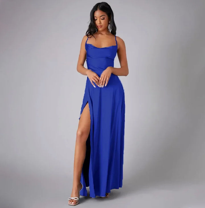 Maxi Satin Dress with Slit Detail and Back Tie - Leona