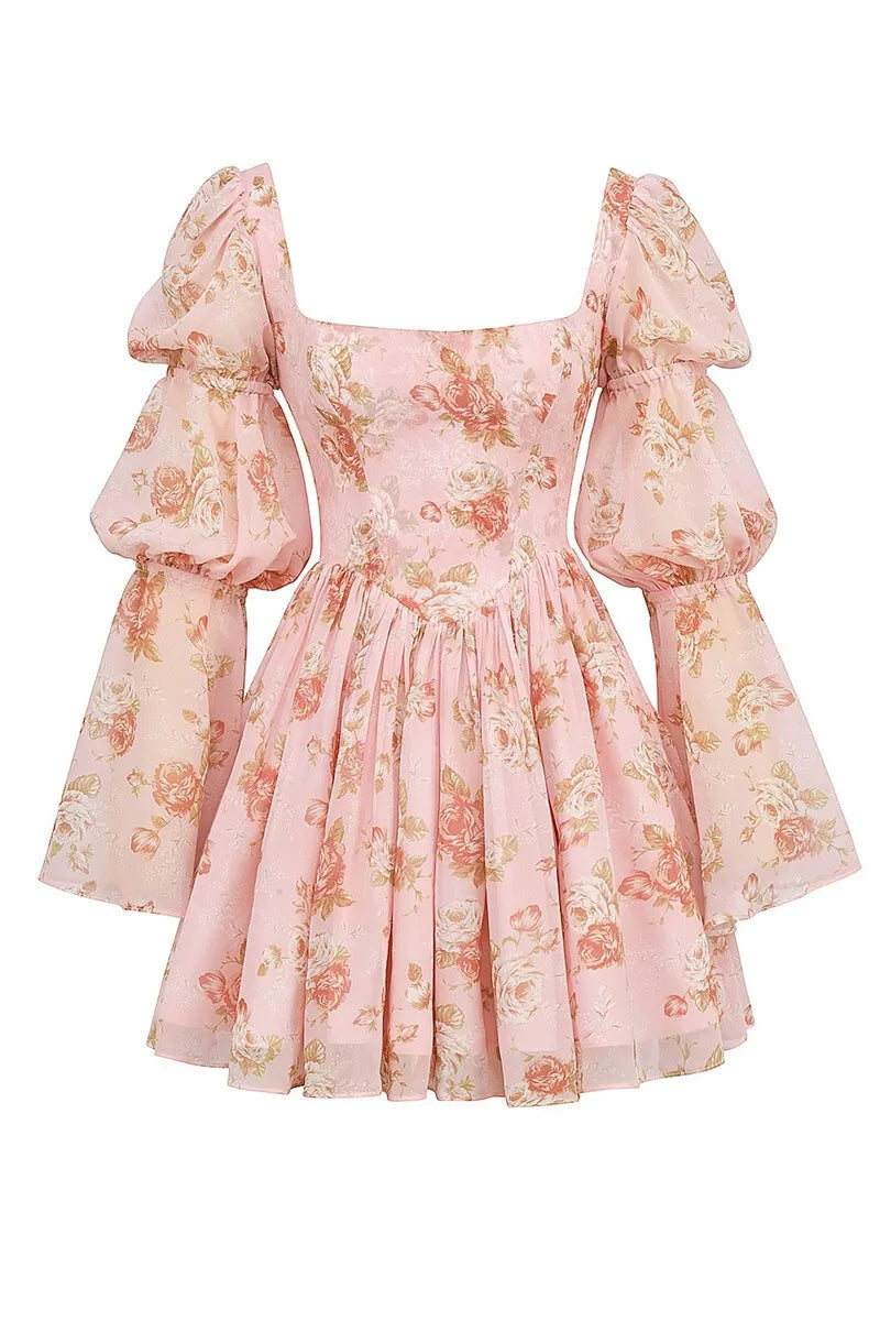 Floral Chiffon Mini Dress with A-Line Cut and Bell Sleeves - Florencia