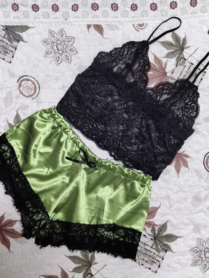 Babydoll Set with Satin Shorts and Lace Top - Noelle