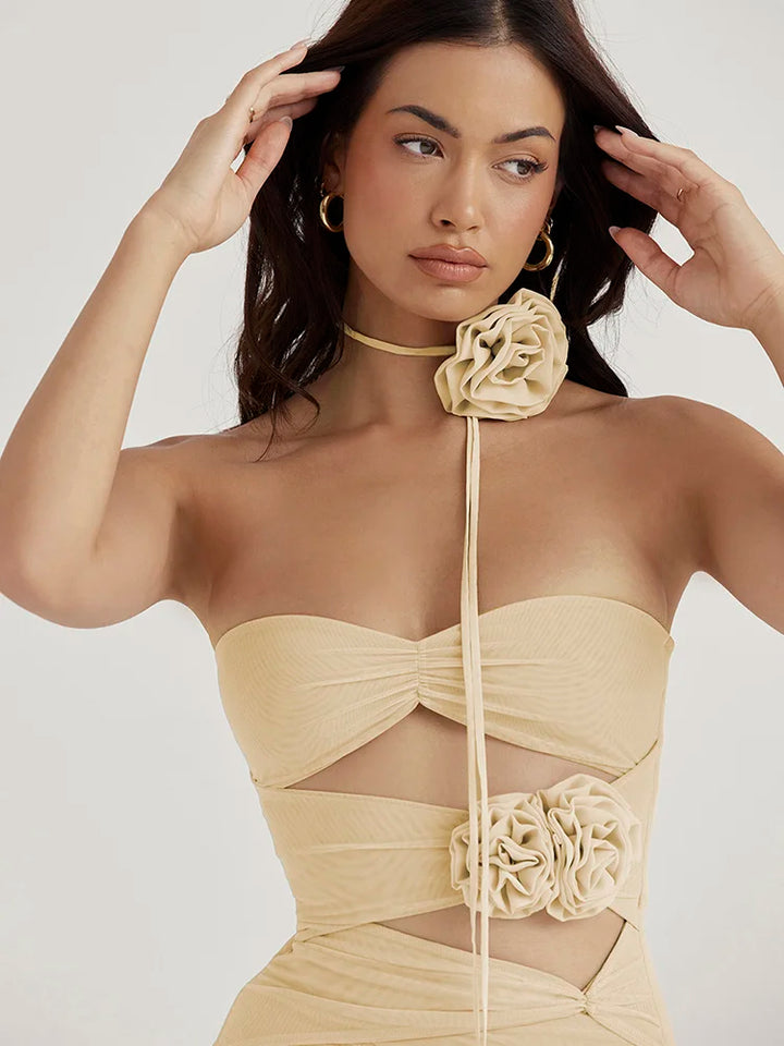 Strapless fitted ruched mini dress with cutouts and floral appliqué - Mabel