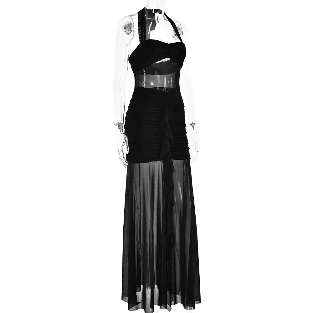 Maxi Chiffon Dress with Ruching Detail and Neck Tie Ruffle - Shelly