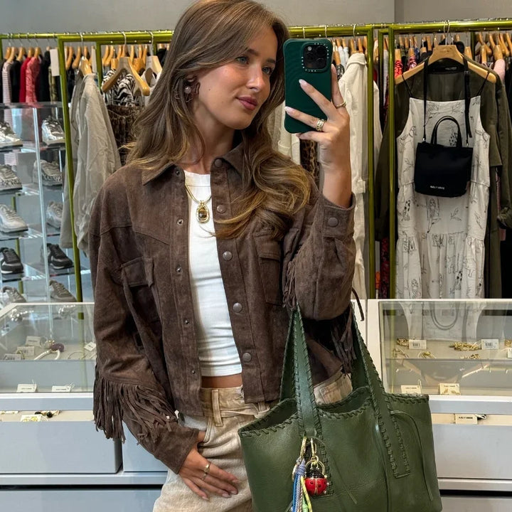 Suede Jacket with Fringe Design - Brown