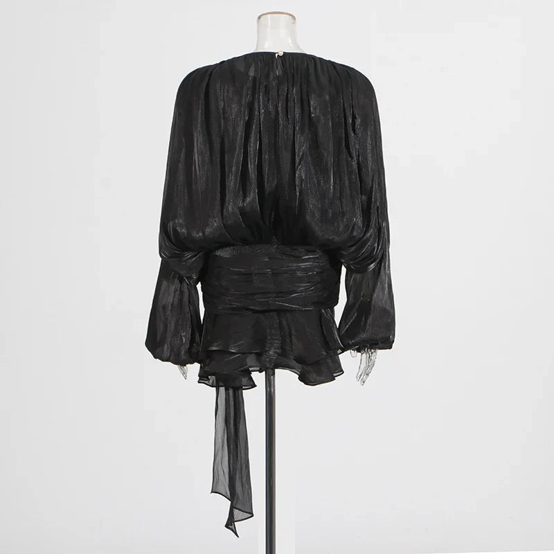 Ruched Mini Dress with Ruffle Detail, Shiny Chiffon Fabric - Lucille