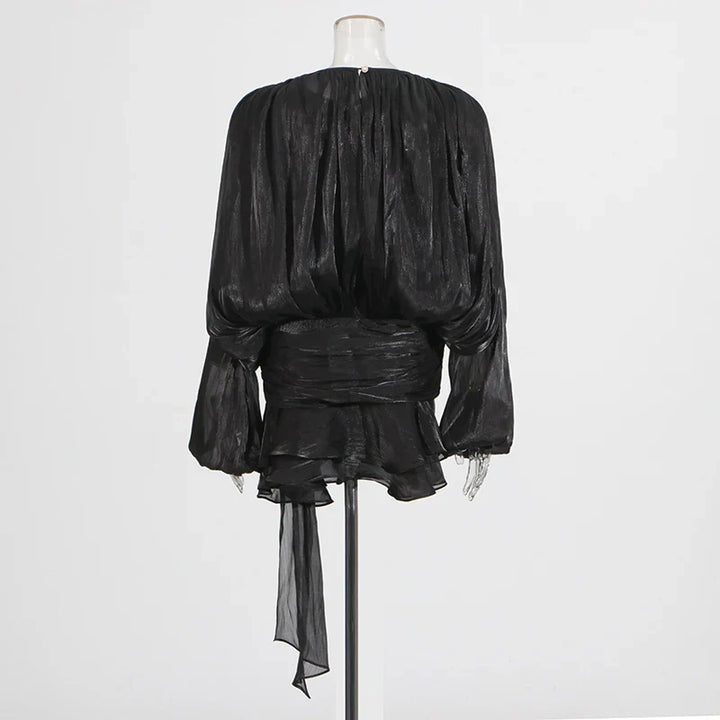 Ruched Mini Dress with Ruffle Detail, Shiny Chiffon Fabric - Lucille