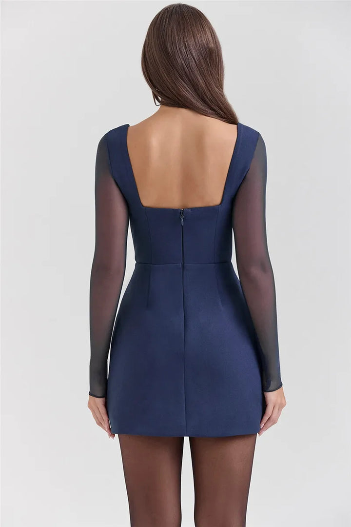 Tailored mini dress with V-neck and chiffon sleeves - Blue