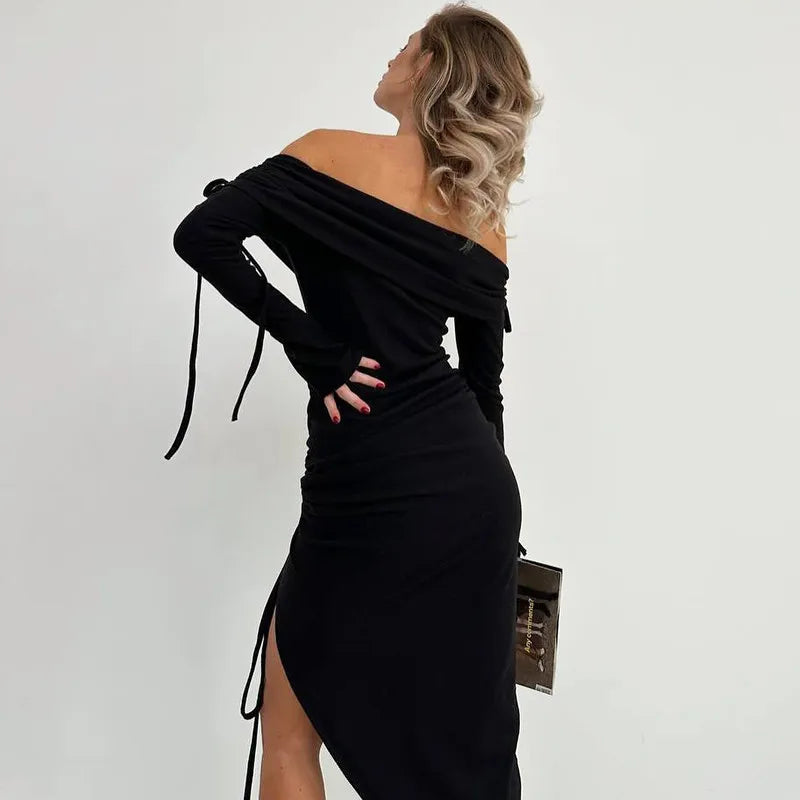 Off-Shoulder Maxi Dress with Slit, Ruching, and Tie Lace Detail - Aisha