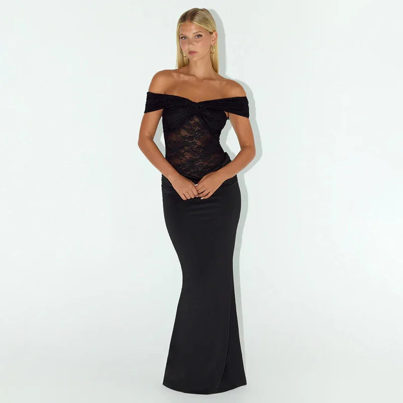 Maxi off-shoulder dress with lace design - LINI