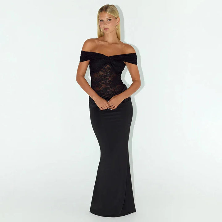 Maxi off-shoulder dress with lace design - LINI
