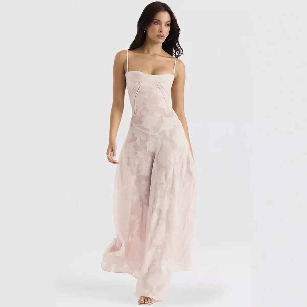 Maxi Dress with Floral Embroidery, Back Tie for Waist Fit - Millie