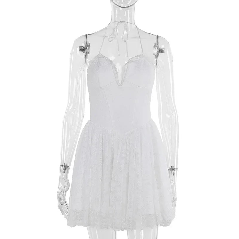 A-Line Lace Mini Dress with Neck Tie - El