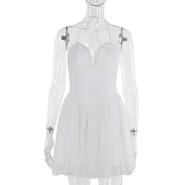 A-Line Lace Mini Dress with Neck Tie - El