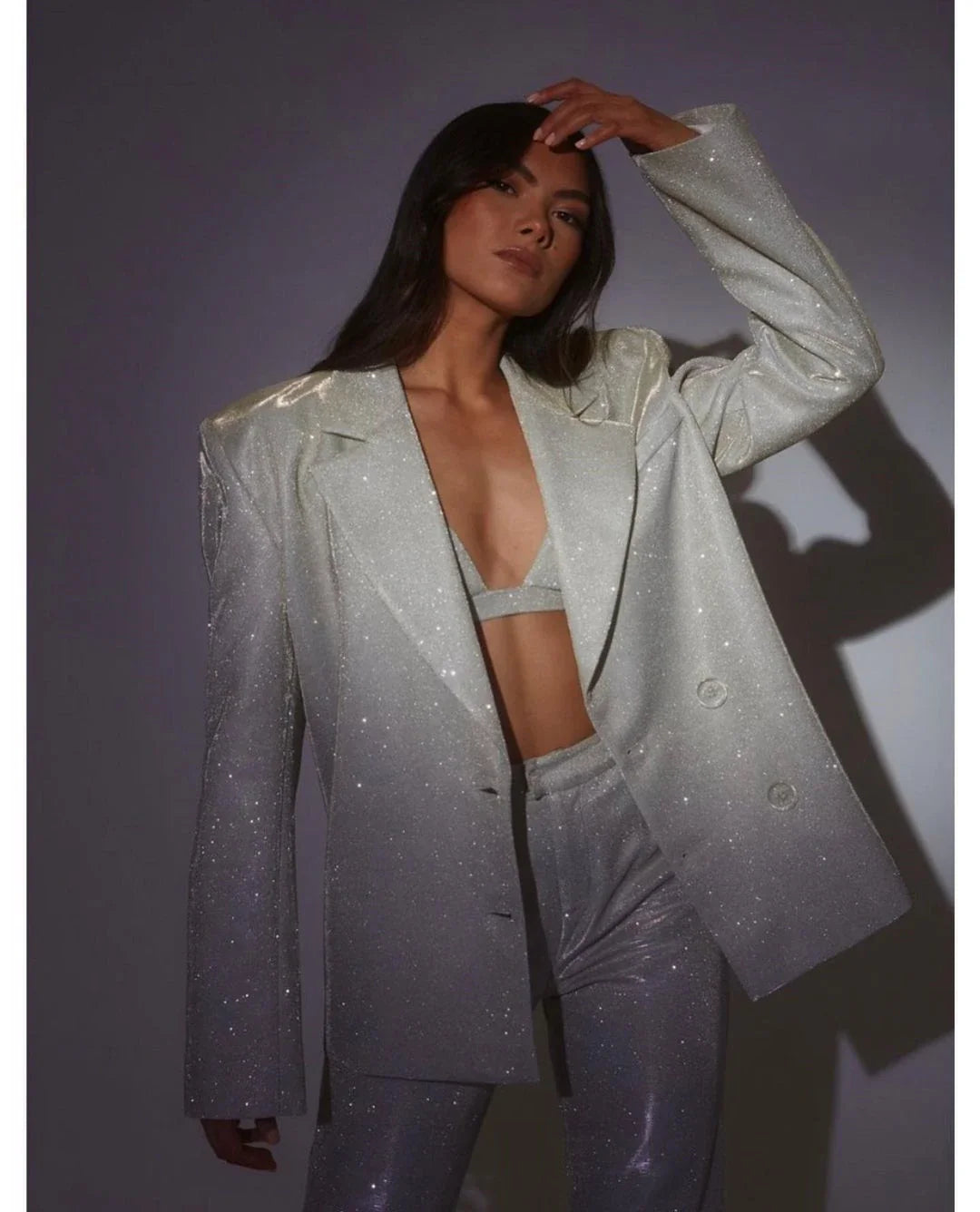 Three-Piece Sequin Suit with Bra, Blazer, and Long High-Waisted Pants - Pasha