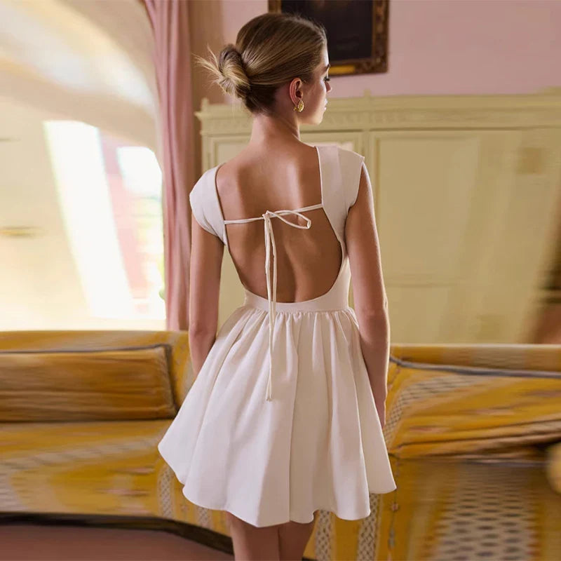 Linen Mini Dress in A-Line with Open Back - Marilyn