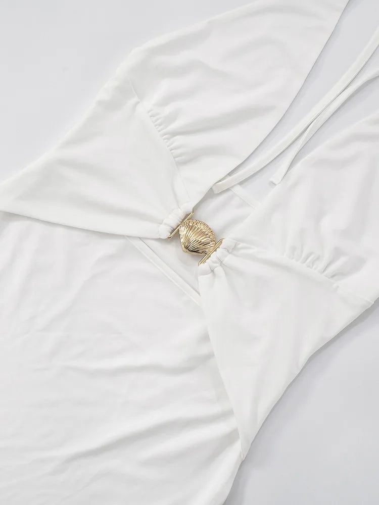 Mini dress with neck tie, deep V neckline decorated with gold shell buckle - Astraja