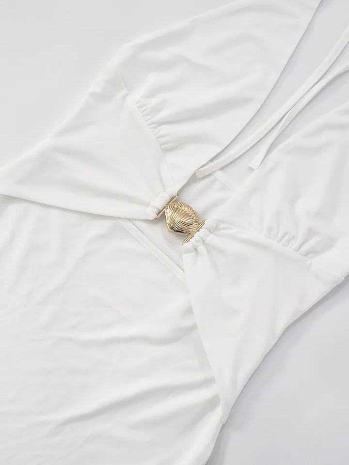Mini dress with neck tie, deep V neckline decorated with gold shell buckle - Astraja