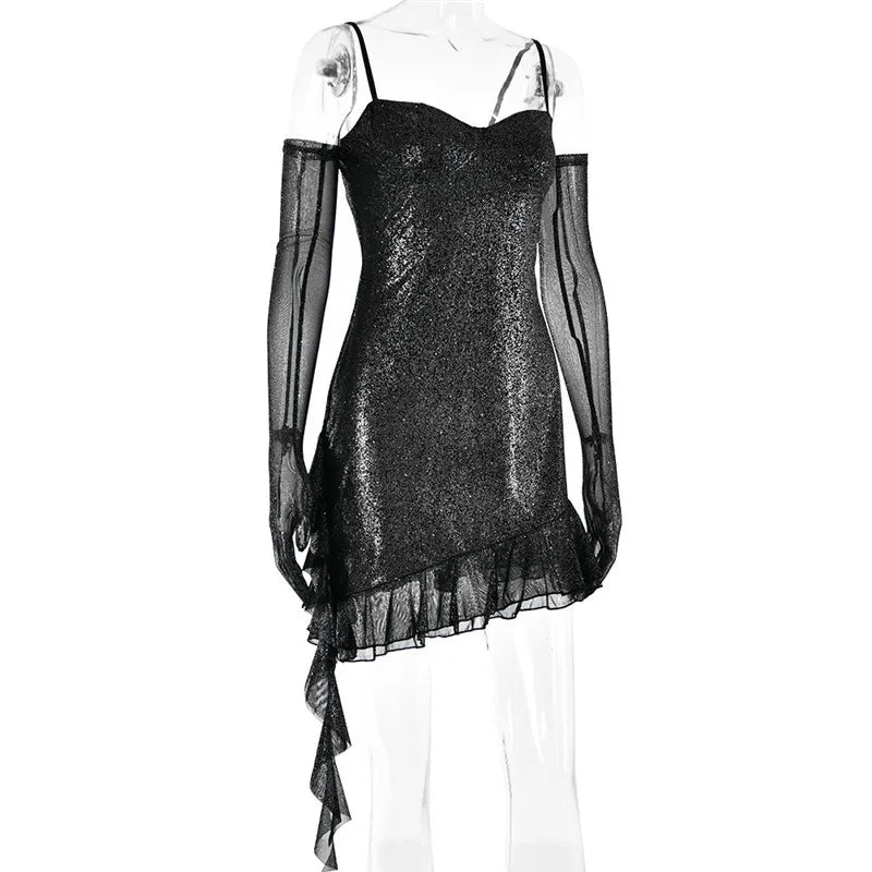 Sequin mini dress with ruffle design and matching gloves - Brooke