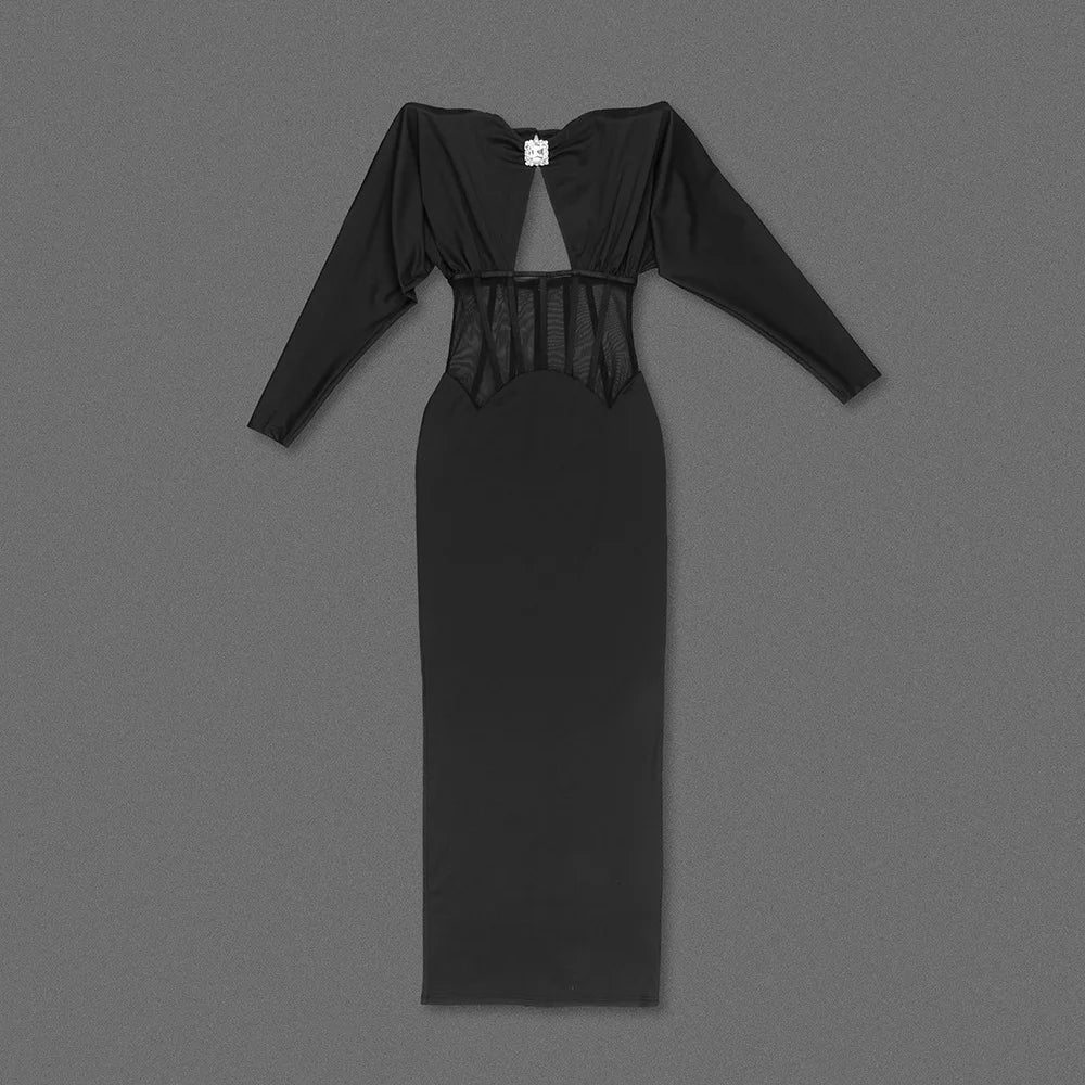 Maxi Dress with Mesh Corset Design and Diamond Buckle Decoration - AMOR