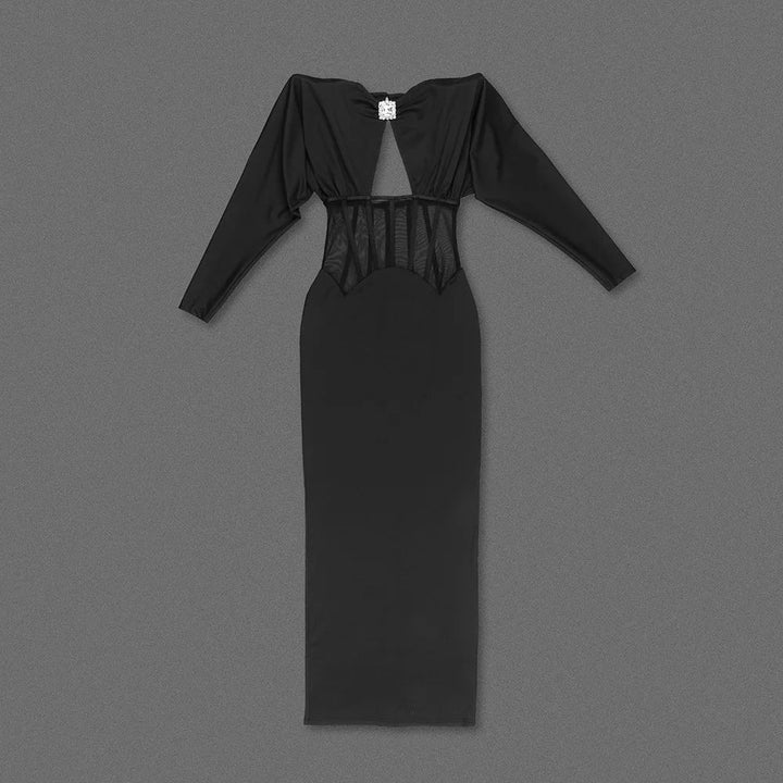 Maxi Dress with Mesh Corset Design and Diamond Buckle Decoration - AMOR