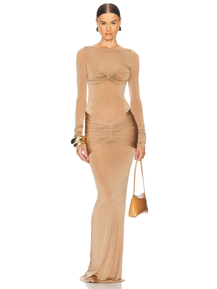 Fitted maxi dress with ruching design in shiny fabric - Ori