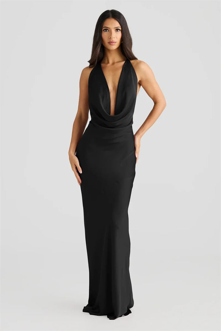 Satin Maxi Dress with Open Back and Draped Collar - Paula