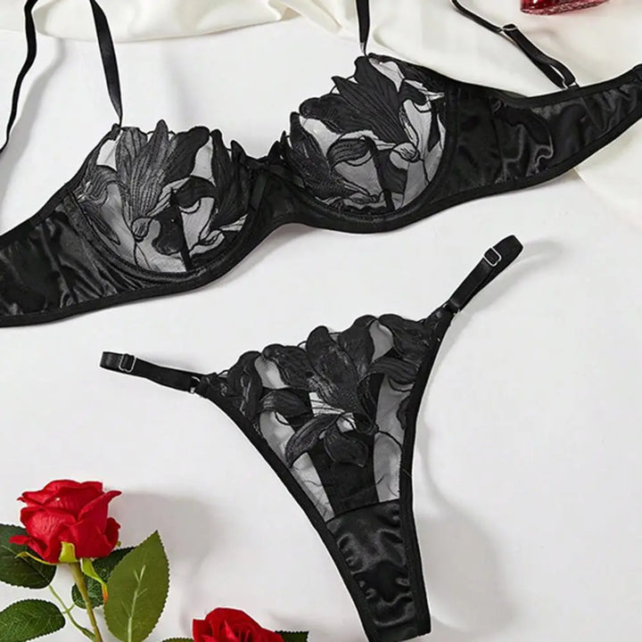Satin Sheer Set with Leaf Embroidery - Adalyn