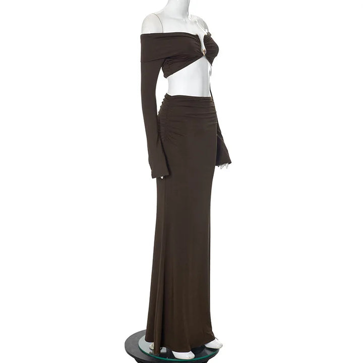 Two-Piece Set: Off-Shoulder Top with Buckle Detail and High-Waisted Maxi Skirt - Mariela