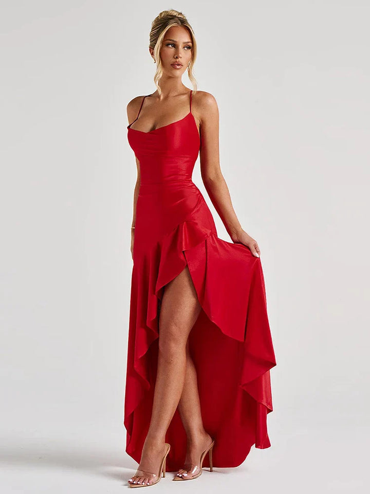 Satin ruffled maxi dress with back ties - Fabiola