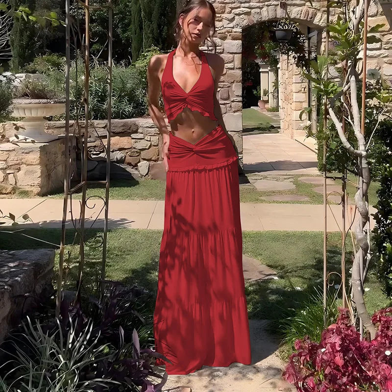 Two-piece set maxi skirt and neck tie top - Lorenza