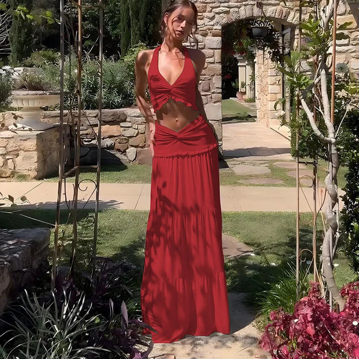 Two-piece set maxi skirt and neck tie top - Lorenza
